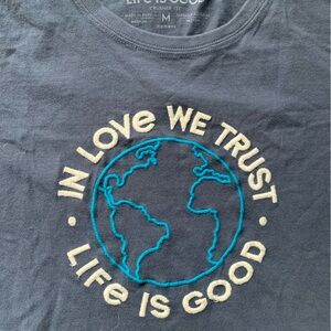 Life is Good Blue Crusher Tee with Embroidered Earth Design